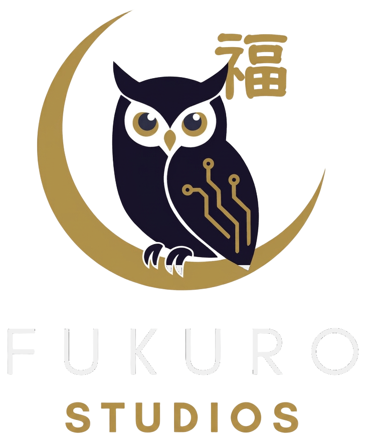 Fukuro Studios logo: an owl perched on a crescent moon